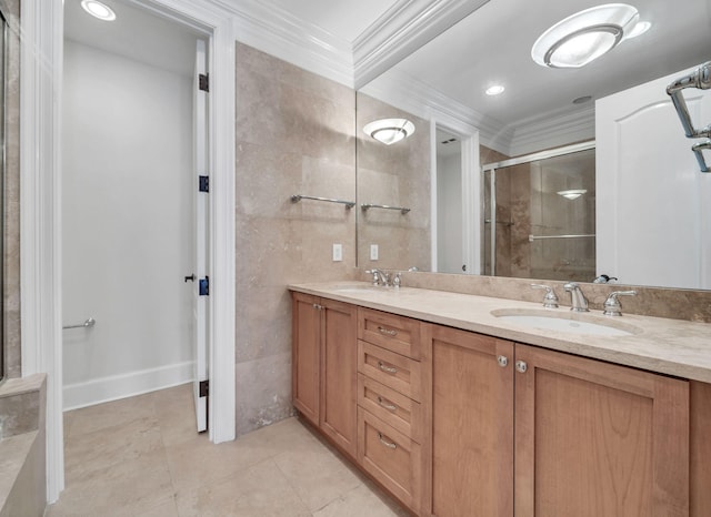 9201 Market St Inn Unit 159, Miramar Beach, FL 32550 - bathroom featuring ornamental molding, double vanity, a shower stall, tile patterned flooring, and recessed lighting