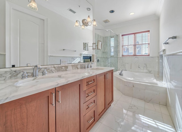 9201 Market St Inn Unit 159, Miramar Beach, FL 32550 - full bathroom featuring ornamental molding, a bath, double vanity, a marble finish shower, and marble finish flooring
