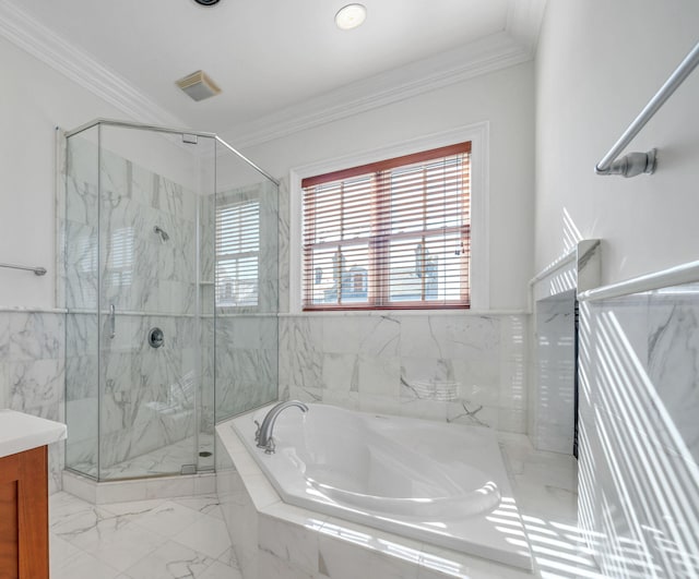 9201 Market St Inn Unit 159, Miramar Beach, FL 32550 - full bathroom featuring a bath, a marble finish shower, ornamental molding, vanity, and tile walls