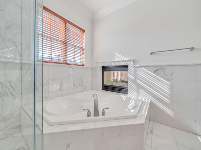 9201 Market St Inn Unit 159, Miramar Beach, FL 32550 - full bath with a bath, crown molding, a marble finish shower, and a multi sided fireplace