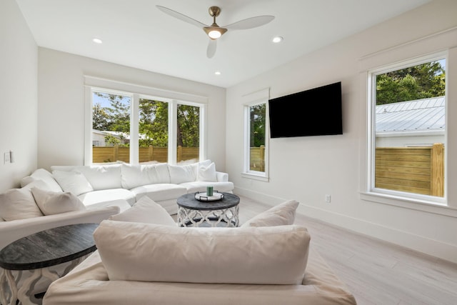 55 May Dr, Santa Rosa Beach, FL 32459 - living area featuring a ceiling fan, light wood-style flooring, baseboards, and recessed lighting