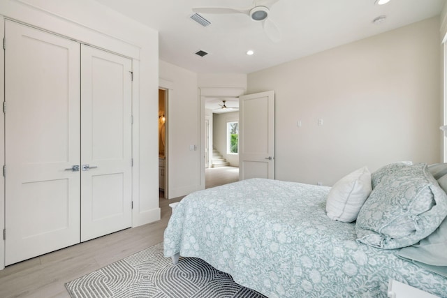 55 May Dr, Santa Rosa Beach, FL 32459 - bedroom with light wood-style floors, recessed lighting, a closet, and ceiling fan