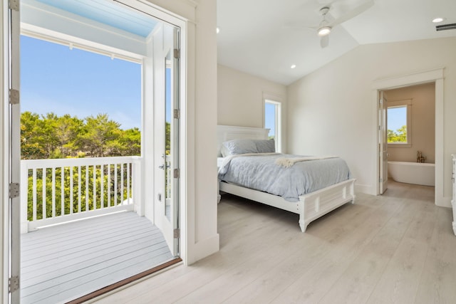 55 May Dr, Santa Rosa Beach, FL 32459 - bedroom with access to outside, vaulted ceiling, light wood-style floors, a ceiling fan, and baseboards