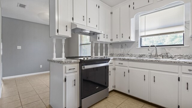 1737 S County Highway 183, Defuniak Springs, FL 32435 - kitchen featuring stainless steel range with electric stovetop, a sink, under cabinet range hood, white cabinets, and light tile patterned flooring