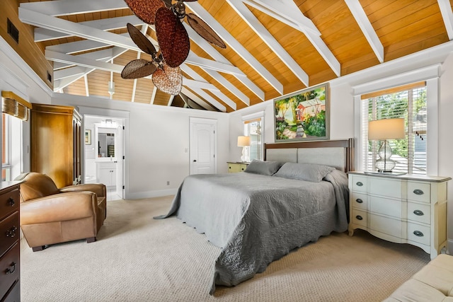 108 S Blue Heron Dr, Santa Rosa Beach, FL 32459 - bedroom featuring light colored carpet, wooden ceiling, ensuite bathroom, baseboards, and ceiling fan