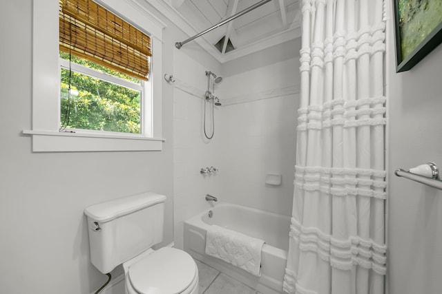 108 S Blue Heron Dr, Santa Rosa Beach, FL 32459 - full bathroom featuring shower / bathtub combination with curtain, toilet, tile patterned floors, and radiator
