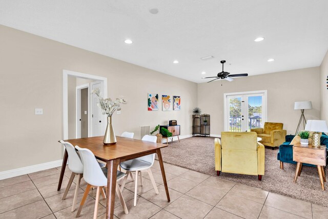 216 Bonita Cir Unit C, Panama City Beach, FL 32408 - dining area with light colored carpet, recessed lighting, french doors, light tile patterned flooring, and a ceiling fan