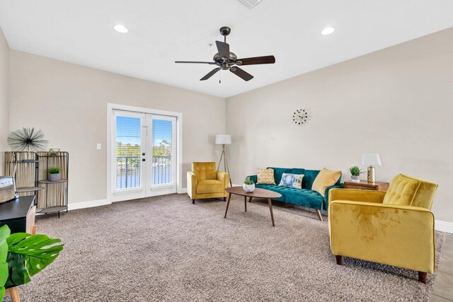 216 Bonita Cir Unit C, Panama City Beach, FL 32408 - sitting room with french doors, ceiling fan, carpet, recessed lighting, and baseboards
