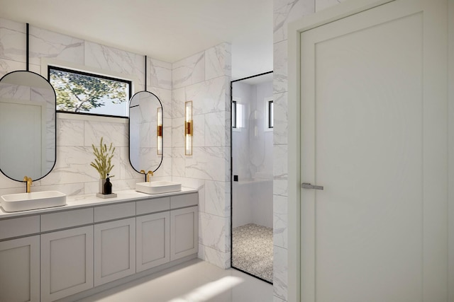 3 Mary St, Santa Rosa Beach, FL 32459 - bathroom featuring a walk in shower, double vanity, and tile walls