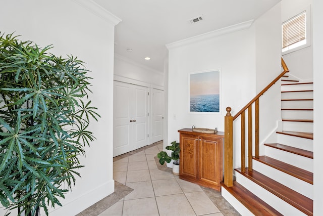40 W Palm Beach Ct, Miramar Beach, FL 32550 - foyer featuring crown molding, light tile patterned flooring, stairs, and recessed lighting