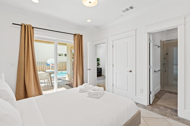 40 W Palm Beach Ct, Miramar Beach, FL 32550 - bedroom with crown molding, access to outside, light tile patterned floors, connected bathroom, and recessed lighting