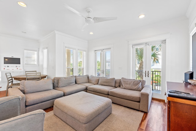 40 W Palm Beach Ct, Miramar Beach, FL 32550 - living area featuring wood finished floors, crown molding, a ceiling fan, and recessed lighting