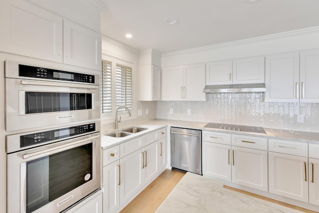 4629 Southwinds Dr Unit 4629, Miramar Beach, FL 32550 - kitchen featuring appliances with stainless steel finishes, a sink, ornamental molding, white cabinets, and under cabinet range hood