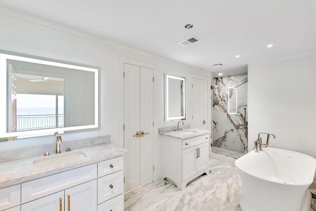 4629 Southwinds Dr Unit 4629, Miramar Beach, FL 32550 - full bathroom featuring marble finish flooring, a marble finish shower, two vanities, ornamental molding, and a soaking tub