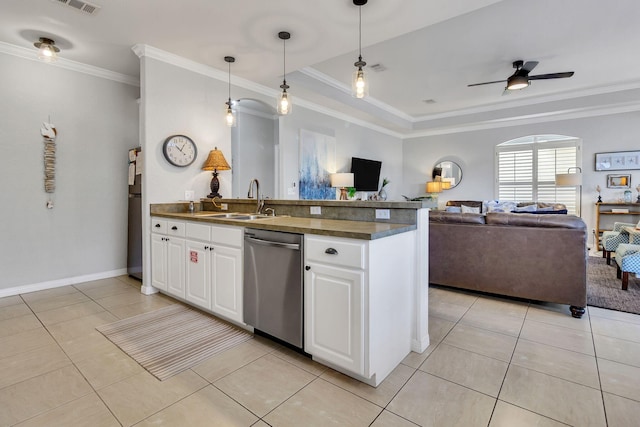 35 Opal Cv, Miramar Beach, FL 32550 - kitchen with dishwasher, a sink, open floor plan, crown molding, and light tile patterned flooring