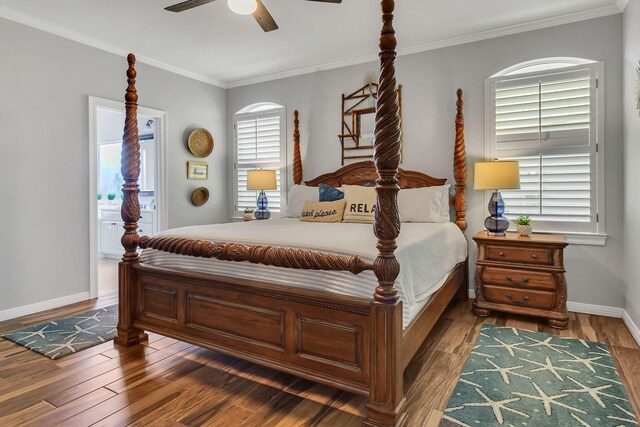 35 Opal Cv, Miramar Beach, FL 32550 - bedroom with wood finished floors, ornamental molding, baseboards, and a ceiling fan