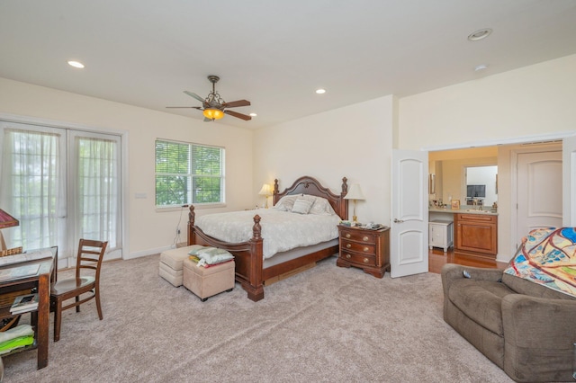 1405 N Bayshore Dr, Niceville, FL 32578 - bedroom with light colored carpet, recessed lighting, a ceiling fan, and access to outside