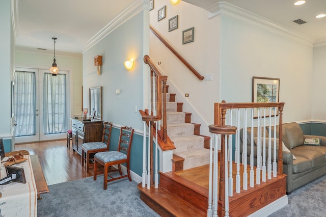 1405 N Bayshore Dr, Niceville, FL 32578 - staircase with ornamental molding, recessed lighting, baseboards, carpet floors, and wood finished floors