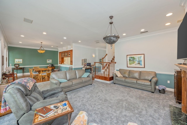 1405 N Bayshore Dr, Niceville, FL 32578 - living room with stairs, carpet, crown molding, recessed lighting, and baseboards