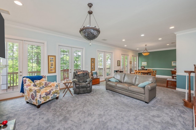 1405 N Bayshore Dr, Niceville, FL 32578 - living area with french doors, recessed lighting, crown molding, carpet, and baseboards