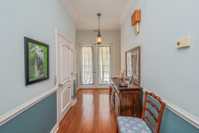 1405 N Bayshore Dr, Niceville, FL 32578 - entrance foyer with french doors, crown molding, and light wood finished floors