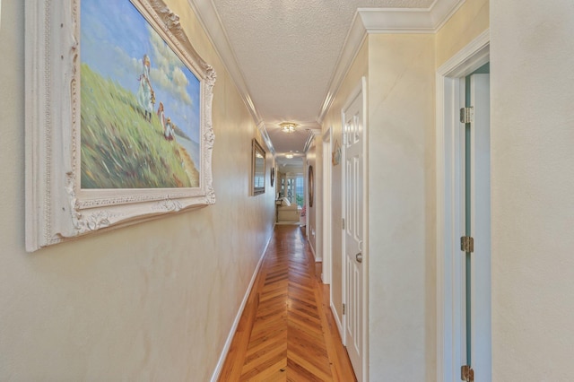 144 Spires Ln Unit 403, Santa Rosa Beach, FL 32459 - hall with ornamental molding, a textured ceiling, baseboards, and wood finished floors