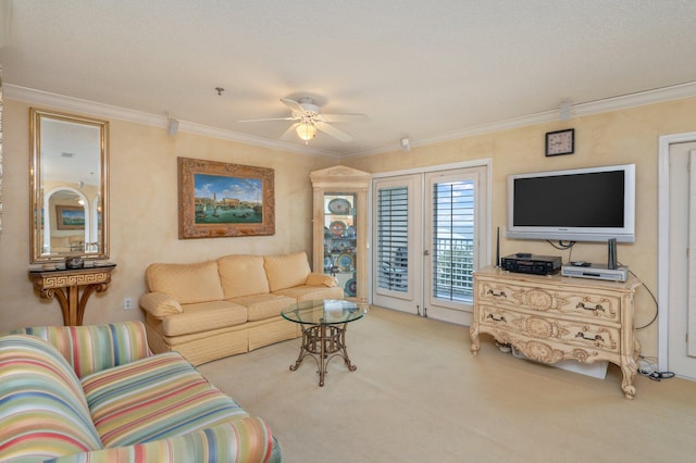 144 Spires Ln Unit 403, Santa Rosa Beach, FL 32459 - carpeted living area featuring crown molding and a ceiling fan