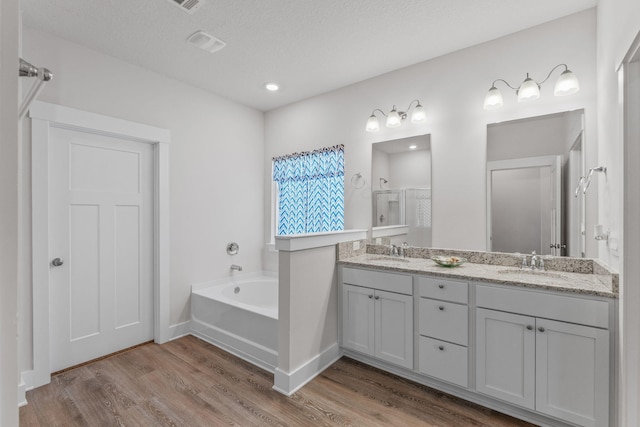 608 Champ Trl, Crestview, FL 32539 - bathroom featuring wood finished floors, a stall shower, double vanity, a bath, and baseboards