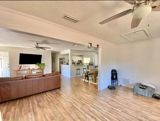 123 NW Sotir St, Fort Walton Beach, FL 32548 - living area with attic access, a textured ceiling, ceiling fan, and light wood-style floors