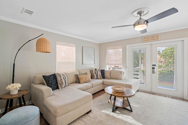 4508 Luke Ave, Destin, FL 32541 - living area with ornamental molding, a ceiling fan, and wood finished floors
