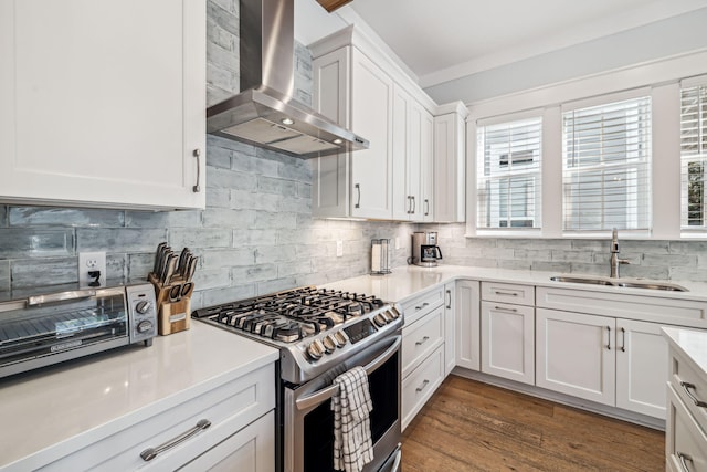 60 Barefoot Ln, Inlet Beach, FL 32461 - kitchen featuring gas stove, wall chimney exhaust hood, a sink, and decorative backsplash