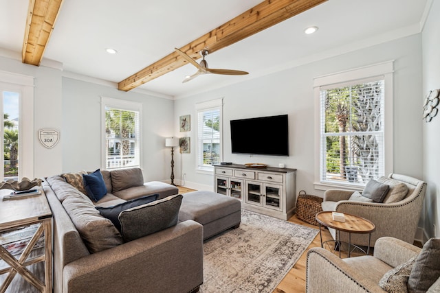 60 Barefoot Ln, Inlet Beach, FL 32461 - living area featuring beam ceiling, wood finished floors, a ceiling fan, and recessed lighting