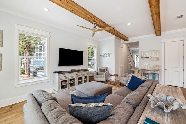60 Barefoot Ln, Inlet Beach, FL 32461 - living area featuring stairs, beamed ceiling, light wood finished floors, healthy amount of natural light, and recessed lighting