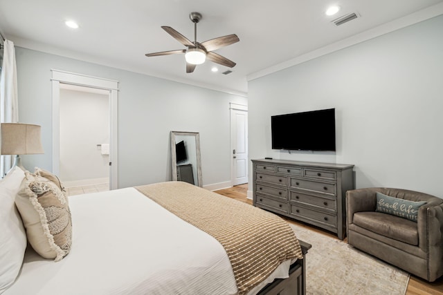 60 Barefoot Ln, Inlet Beach, FL 32461 - bedroom with light wood-type flooring, recessed lighting, a ceiling fan, baseboards, and connected bathroom
