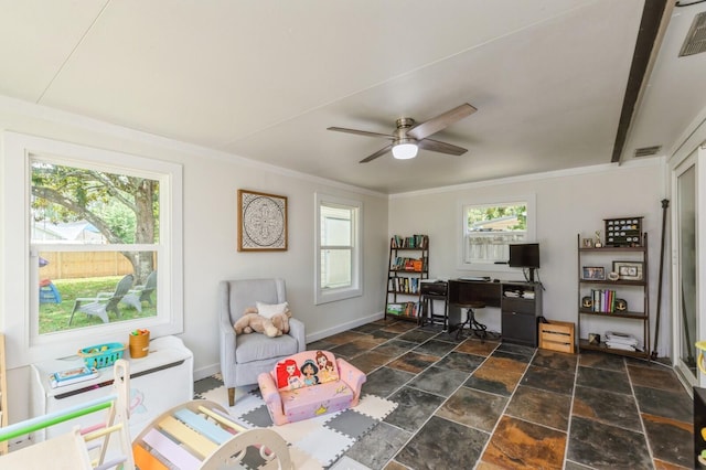 1148 Pin Oak Cir, Niceville, FL 32578 - office space featuring stone tile flooring, a ceiling fan, ornamental molding, and baseboards