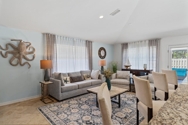 276 Sandy Cay Dr, Miramar Beach, FL 32550 - living room featuring vaulted ceiling, baseboards, and recessed lighting