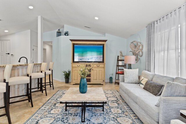 276 Sandy Cay Dr, Miramar Beach, FL 32550 - living room featuring lofted ceiling, recessed lighting, and baseboards