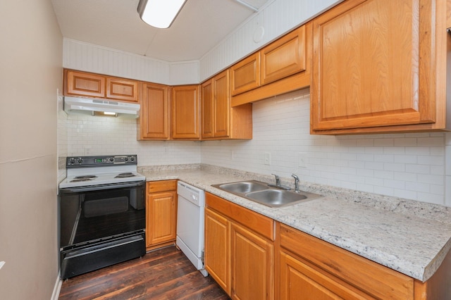 209 W Miracle Strip Pkwy Unit C 202, Mary Esther, FL 32569 - kitchen with electric range, under cabinet range hood, white dishwasher, a sink, and dark wood-style floors