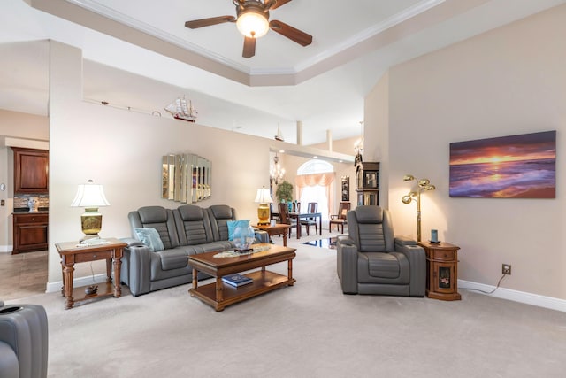 6202 Plum Orchard Way, Crestview, FL 32536 - living area featuring light colored carpet, a ceiling fan, baseboards, and crown molding