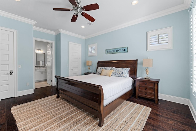 41 Bentley Ln, Santa Rosa Beach, FL 32459 - bedroom featuring baseboards, wood finished floors, recessed lighting, crown molding, and connected bathroom