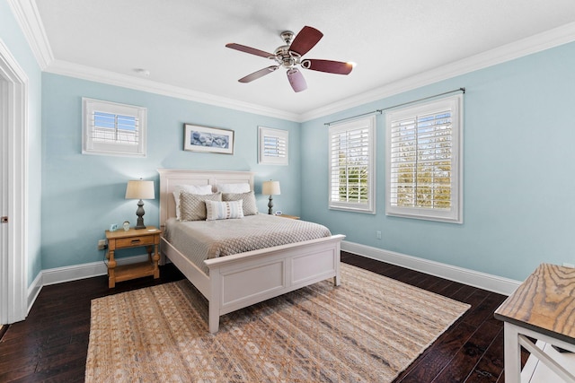 41 Bentley Ln, Santa Rosa Beach, FL 32459 - bedroom featuring ornamental molding, baseboards, dark wood finished floors, multiple windows, and ceiling fan