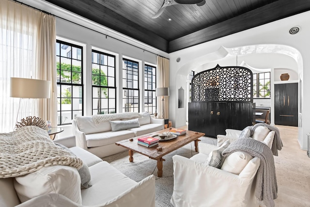 25 Moongate Ct, Inlet Beach, FL 32461 - living room featuring ceiling fan, wooden ceiling, and a raised ceiling