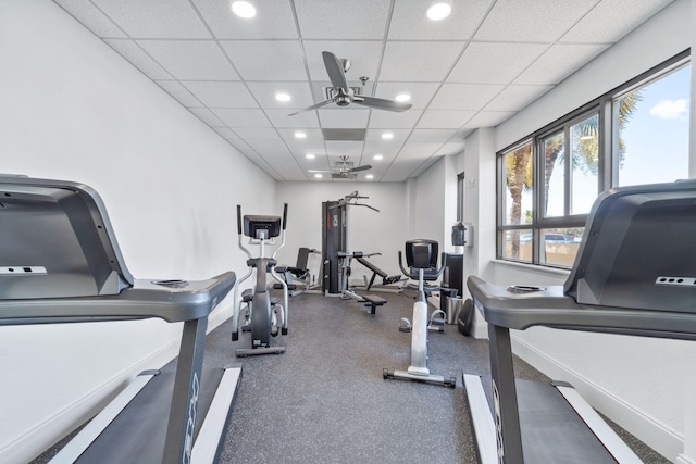 4228 Beachside Two # 228, Miramar Beach, FL 32550 - workout area featuring a ceiling fan, a paneled ceiling, recessed lighting, and baseboards