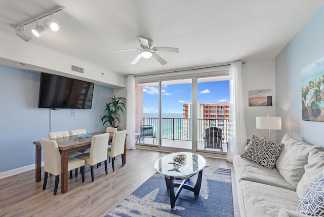 9900 S Thomas Dr Unit 2226, Panama City Beach, FL 32408 - living area featuring track lighting, a ceiling fan, light wood-style flooring, and baseboards