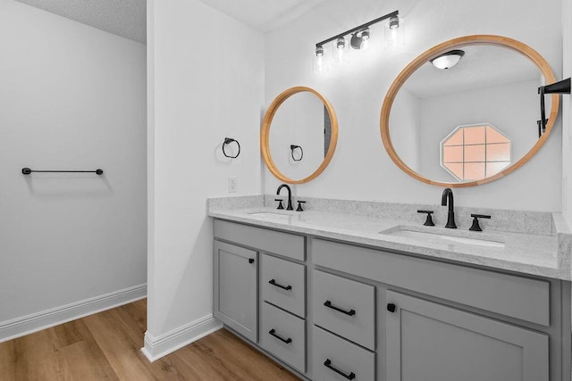516 Vulpes Sanctuary Loop, Crestview, FL 32536 - bathroom with wood finished floors, double vanity, baseboards, and a textured ceiling
