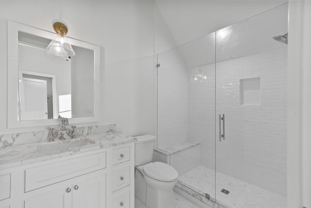 80 Shore Bridge Cir, Inlet Beach, FL 32461 - bathroom featuring toilet, a stall shower, vanity, and lofted ceiling