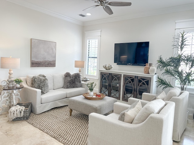 1893 Baytowne Loop, Miramar Beach, FL 32550 - living area with healthy amount of natural light, ceiling fan, crown molding, and recessed lighting