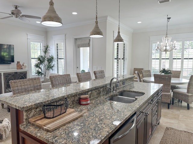 1893 Baytowne Loop, Miramar Beach, FL 32550 - kitchen featuring a sink, stainless steel dishwasher, a center island with sink, plenty of natural light, and ornamental molding