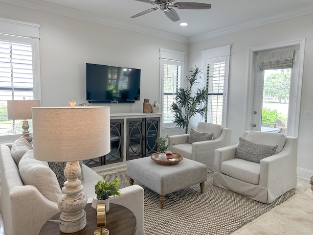 1893 Baytowne Loop, Miramar Beach, FL 32550 - living area with ornamental molding, ceiling fan, healthy amount of natural light, recessed lighting, and baseboards