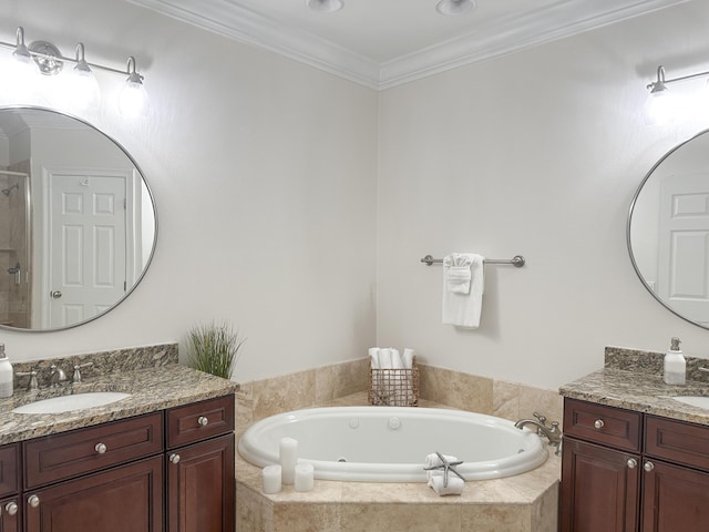 1893 Baytowne Loop, Miramar Beach, FL 32550 - bathroom featuring a jetted tub, two vanities, crown molding, and a shower